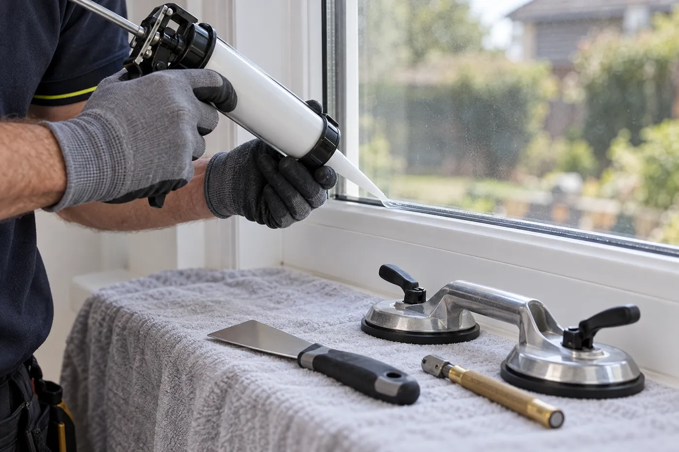 Joint de silicone tiré au pistolet autour d'un double vitrage neuf, ventouse et coupe-verre posés sur l'appui de fenêtre