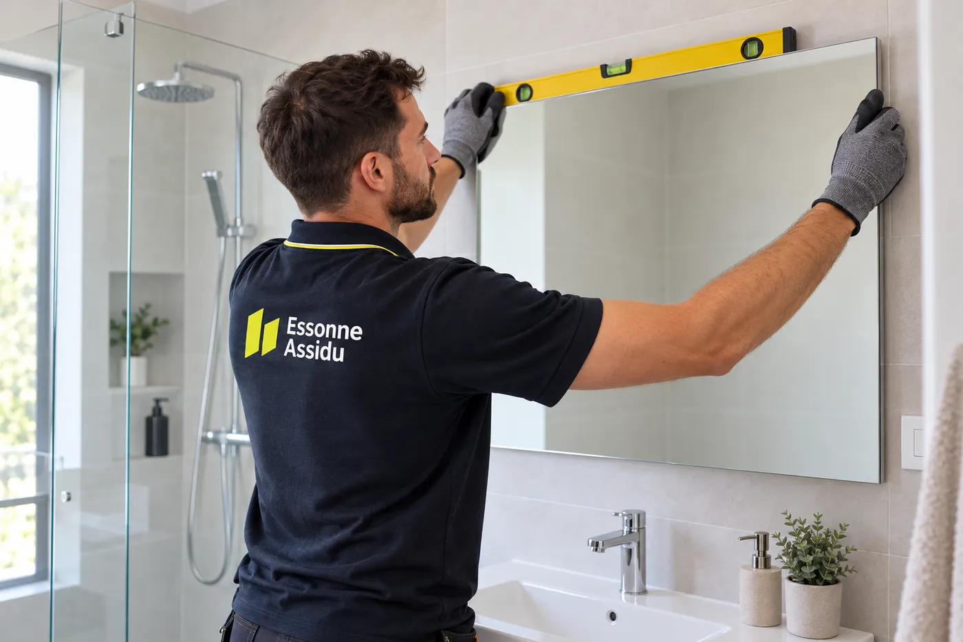 Pose d'un miroir sur mesure au-dessus d'un lavabo, vérifiée au niveau, dans une salle de bain de l'Essonne